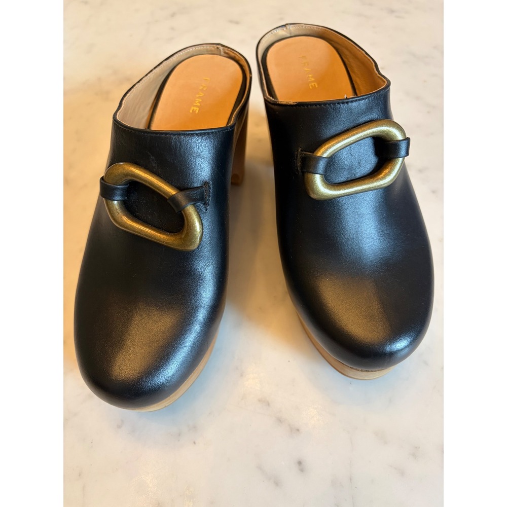 Frame Le Ione Clog Noir Black Leather Wooden Platform Mules Brass Buckle 37 US 7 - Picture 5 of 13